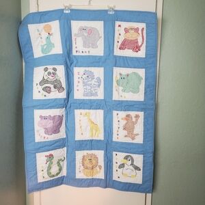 Handmade Blue White Crossstitch 12 Animal Block Name Spellout Quilt 34" x 45"